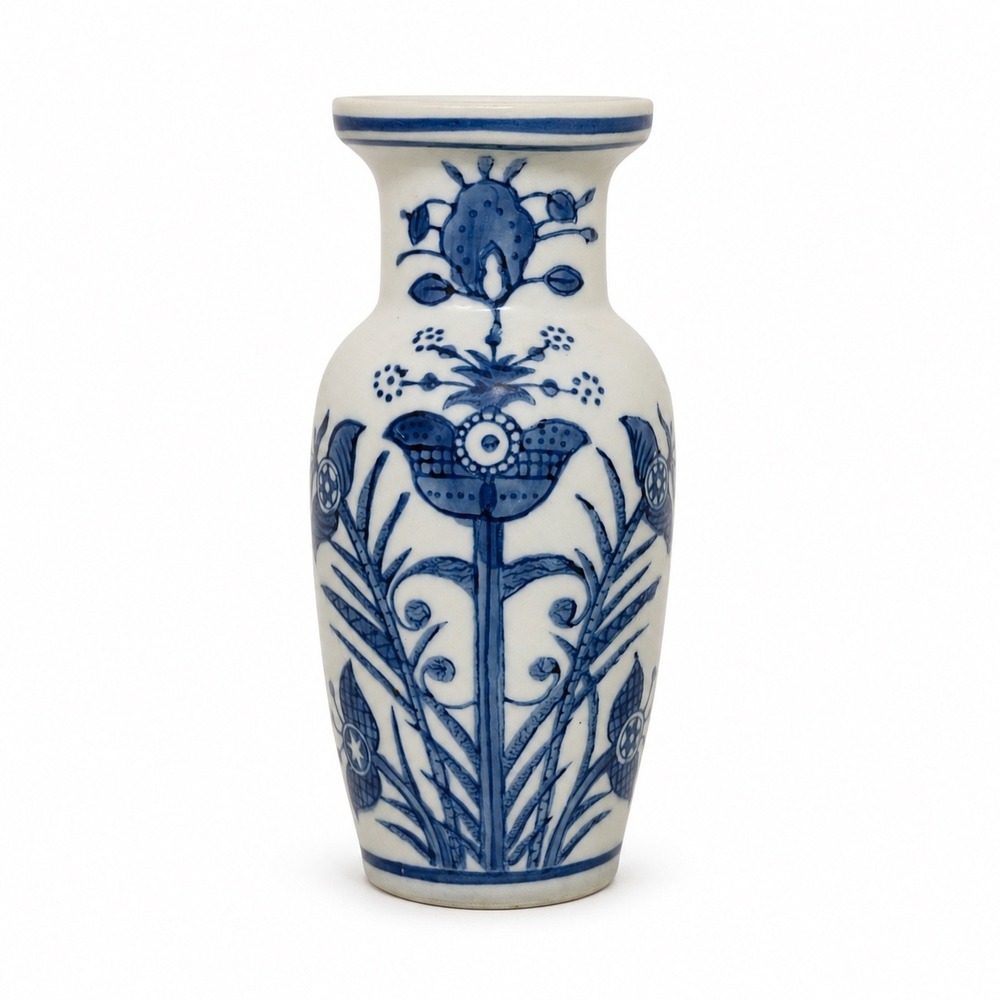 Vintage Blue and White Porcelain Wall Pocket Vase Floral Chinoiserie 6 inch